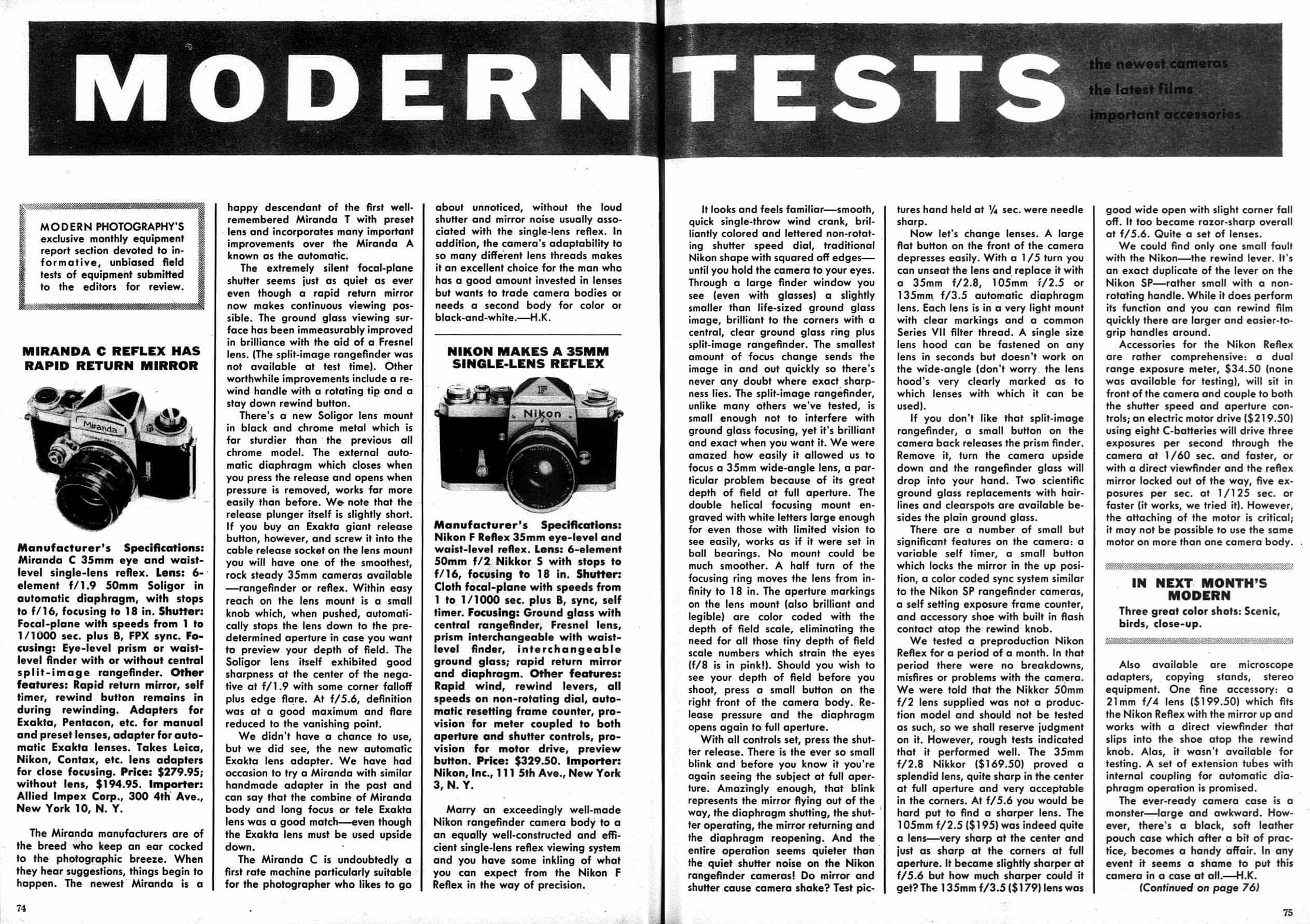 A test report on the Nikon F appeared in the August 1959 issue of <em>Modern Photography</em> magazine