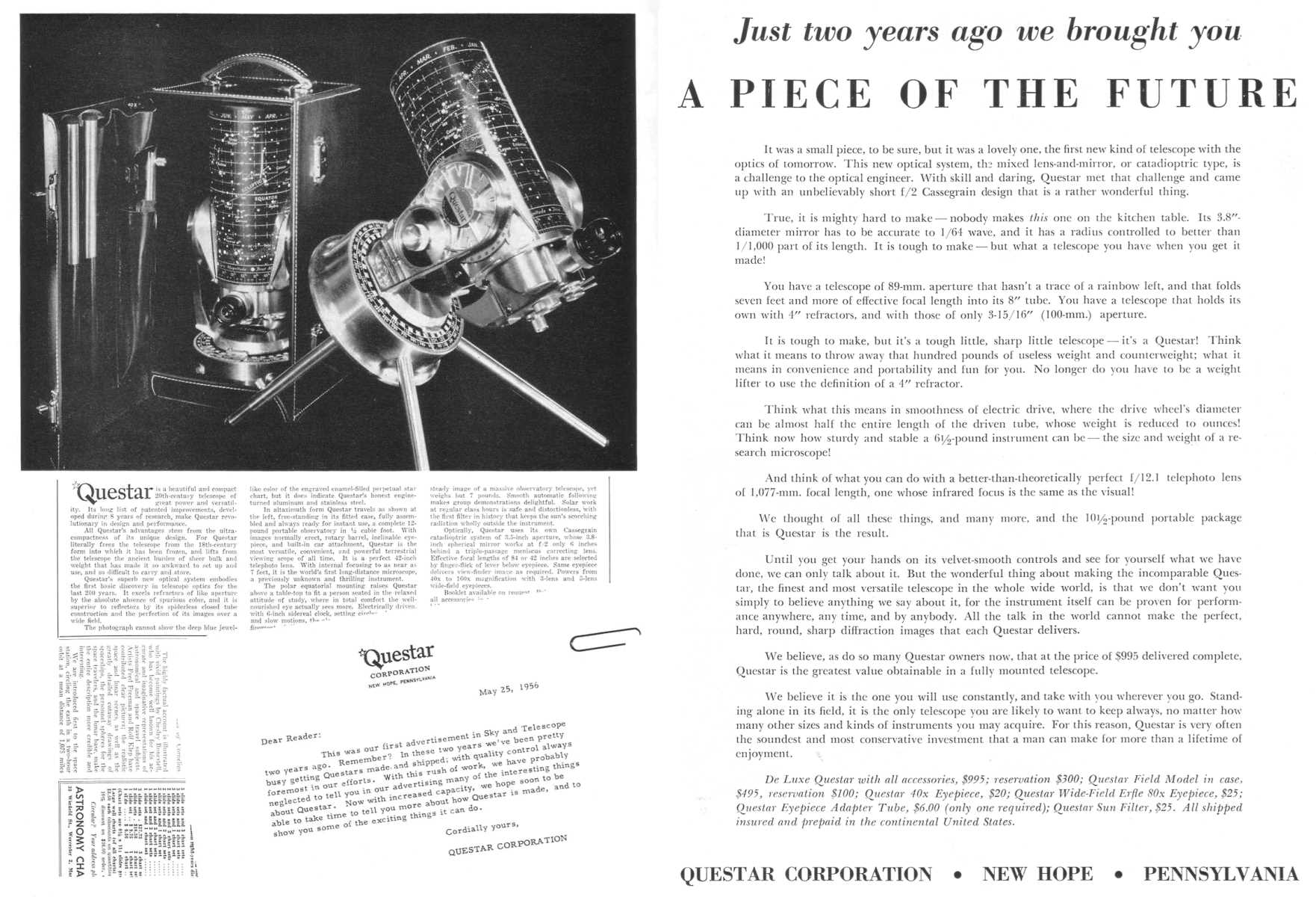 Questar advertisement, <em>Sky and Telescope</em>, July 1956