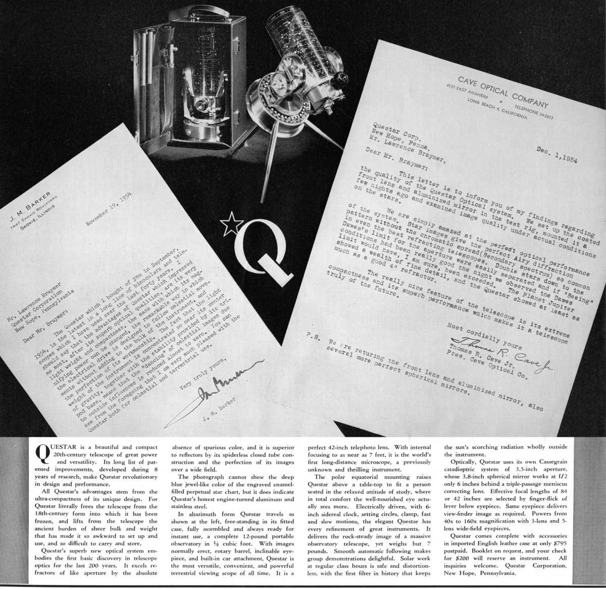 Questar advertisement, <em>Sky and Telescope</em>, August 1955