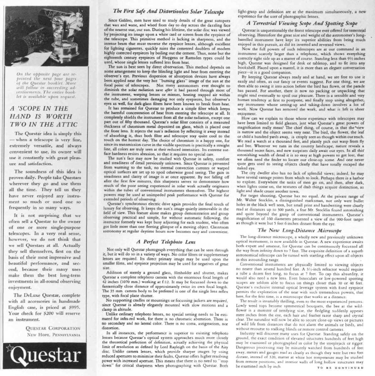 Questar advertisement, <em>Sky and Telescope</em>, December 1955