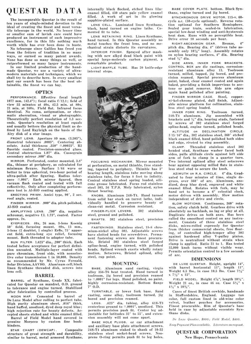 Questar advertisement, <em>Sky and Telescope</em>, February 1957