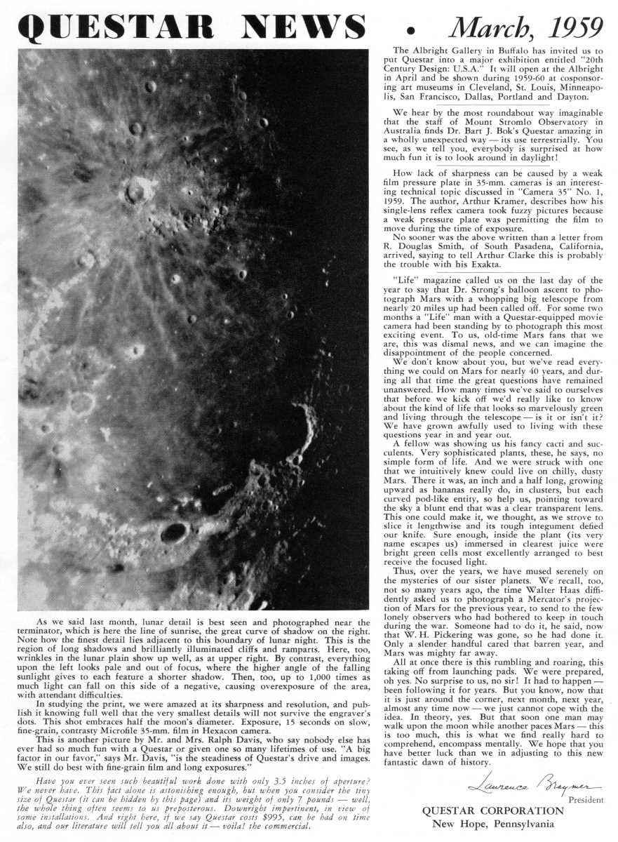 Questar advertisement, <em>Sky and Telescope</em>, March 1959