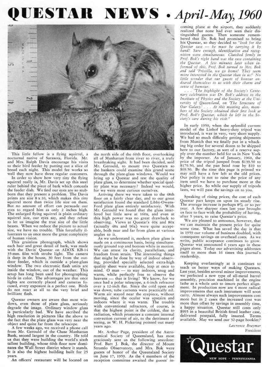 Questar advertisement, <em>Sky and Telescope</em>, April 1960