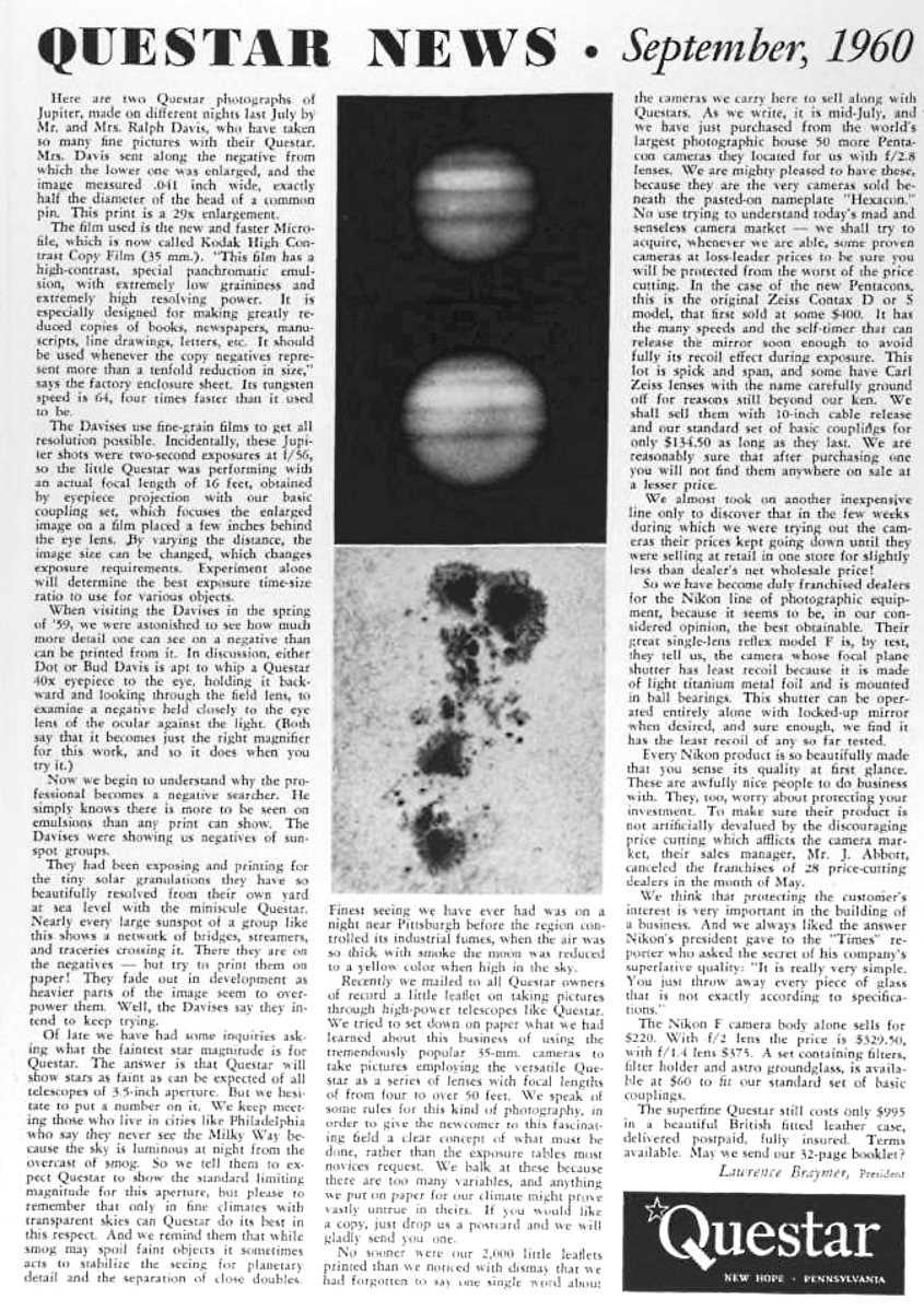 Questar advertisement, <em>Sky and Telescope</em>, September 1960