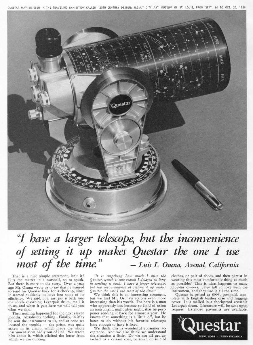 Questar advertisement, <em>Sky and Telescope</em>, September 1959