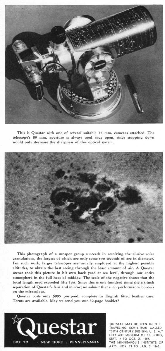 Questar advertisement, <em>Scientific American</em>, August 1959