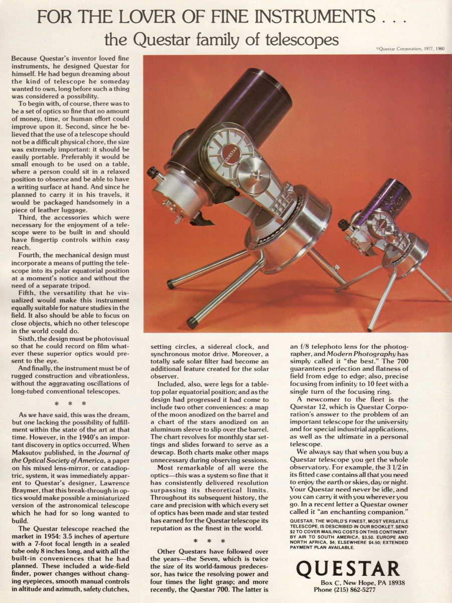 Questar advertisement, <em>Sky and Telescope</em>, November 1982