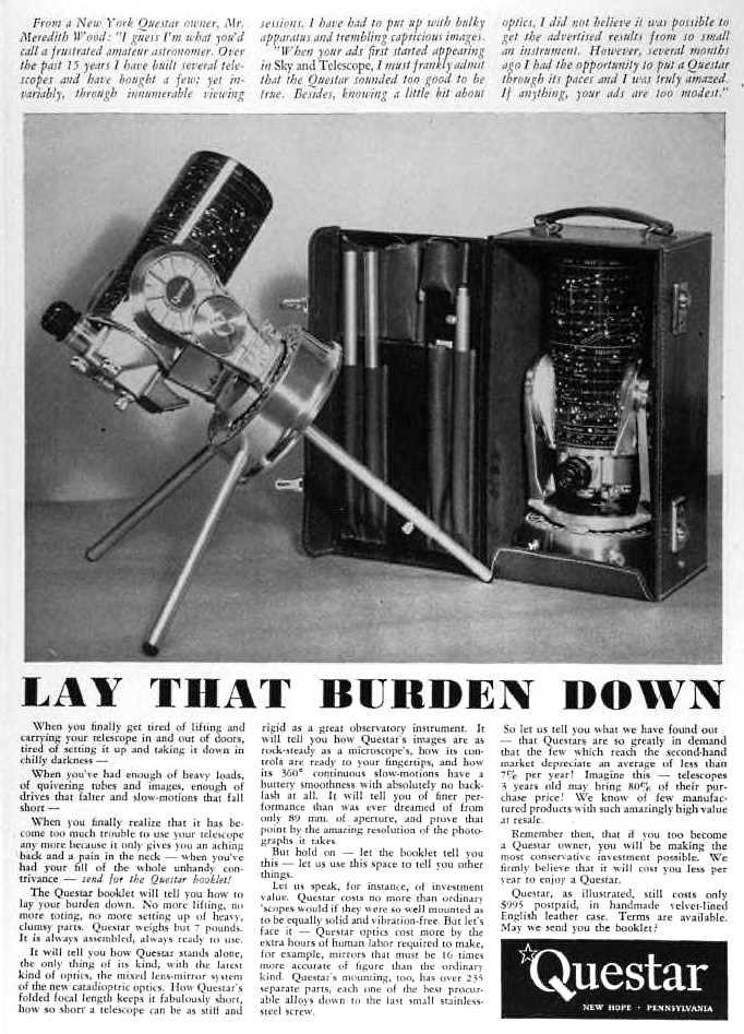 Questar advertisement, <em>Sky and Telescope</em>, July 1960