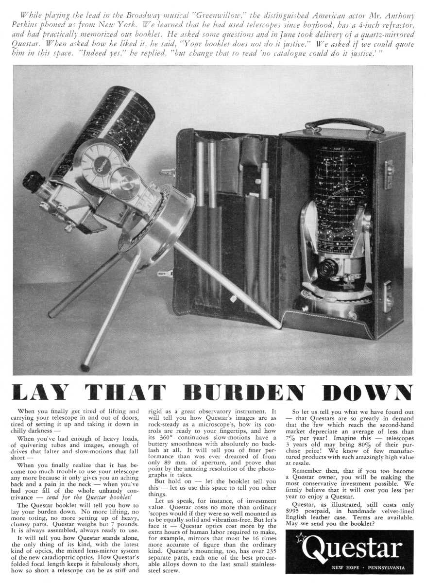 Questar advertisement, <em>Sky and Telescope</em>, August 1960