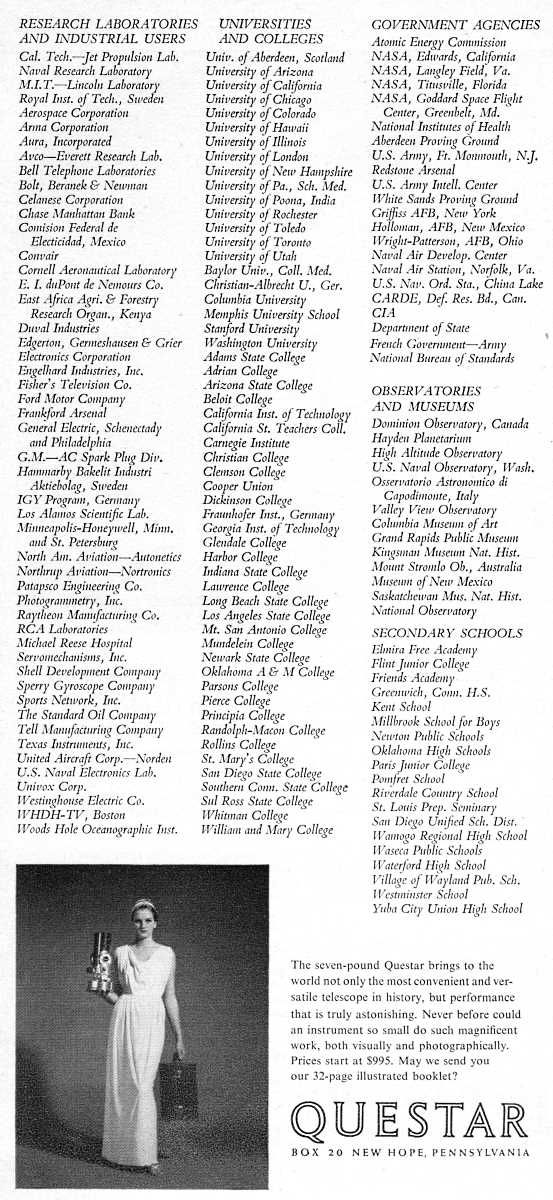 Questar advertisement, <em>Scientific American</em>, April 1963