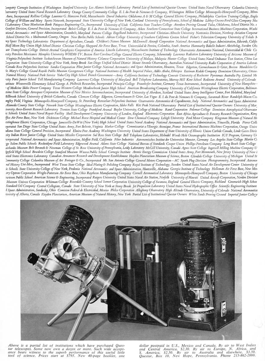 Questar advertisement, <em>Sky and Telescope</em>, August 1964