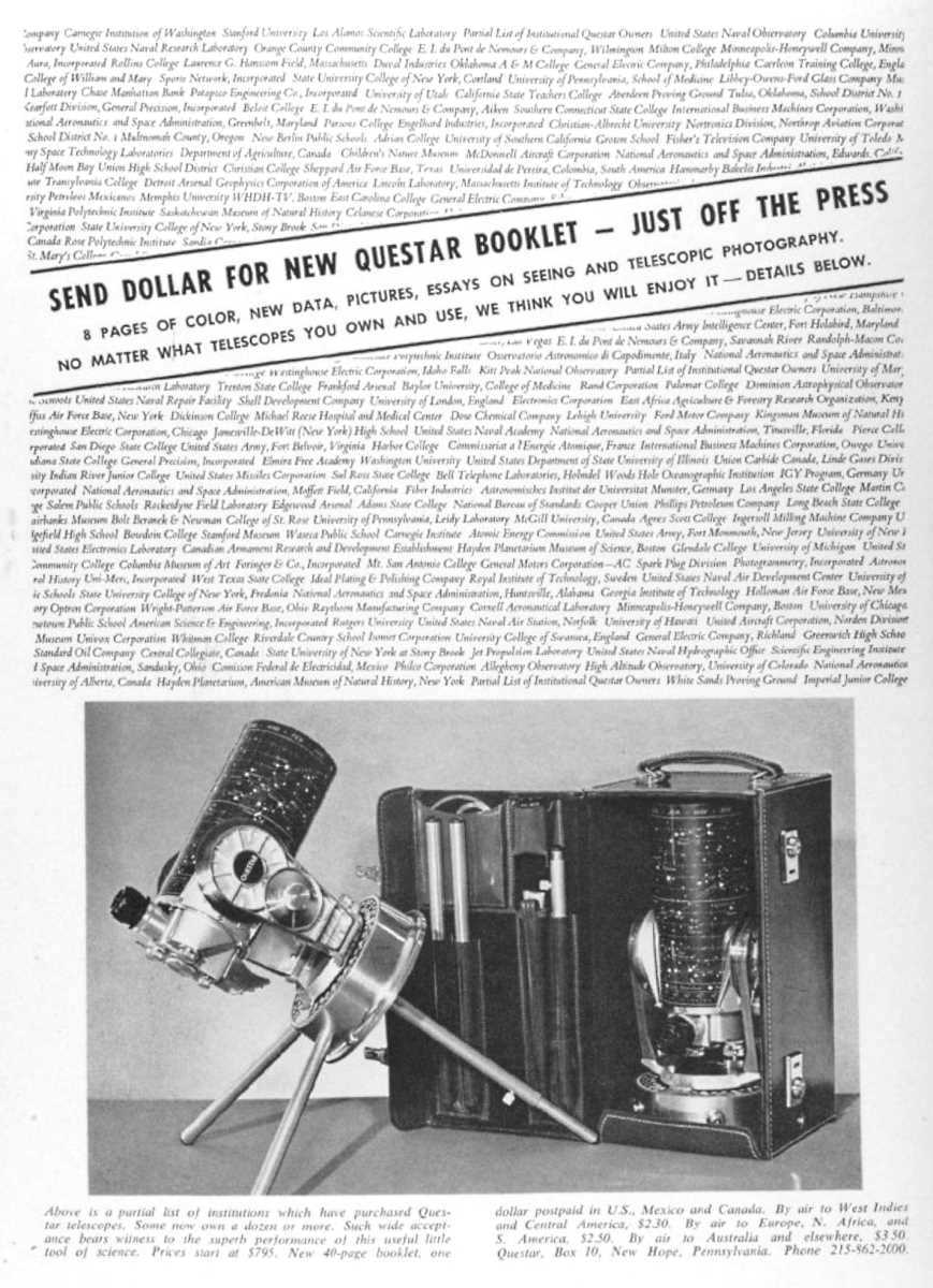 Questar advertisement, <em>Sky and Telescope</em>, October 1964