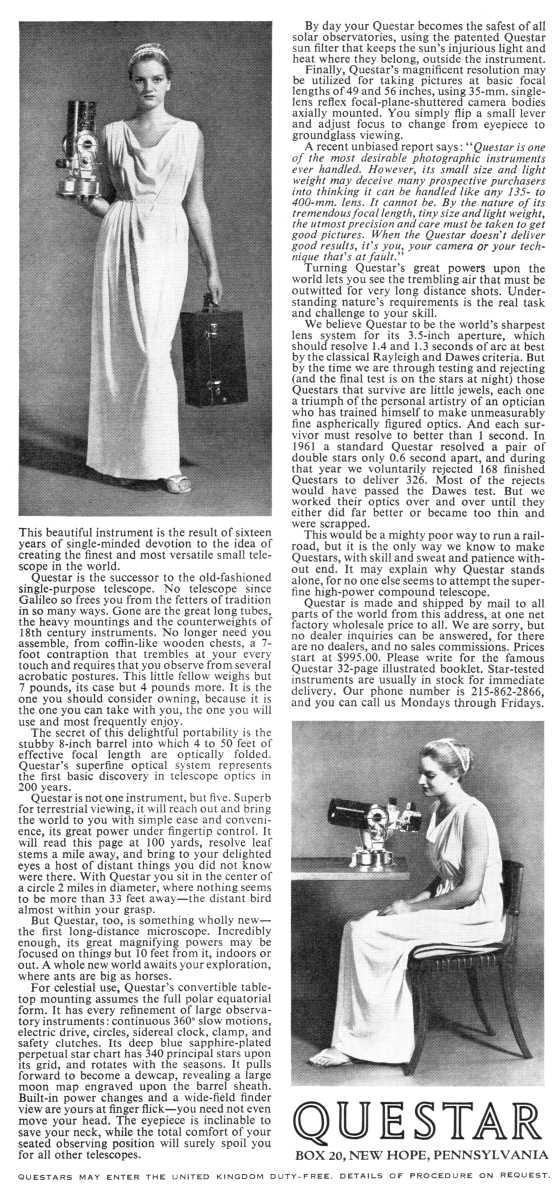 Questar advertisement, <em>Scientific American</em>, August 1962