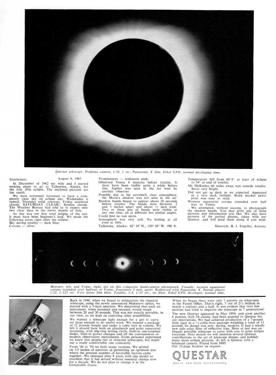 Questar advertisement, <em>Sky and Telescope</em>, October 1963