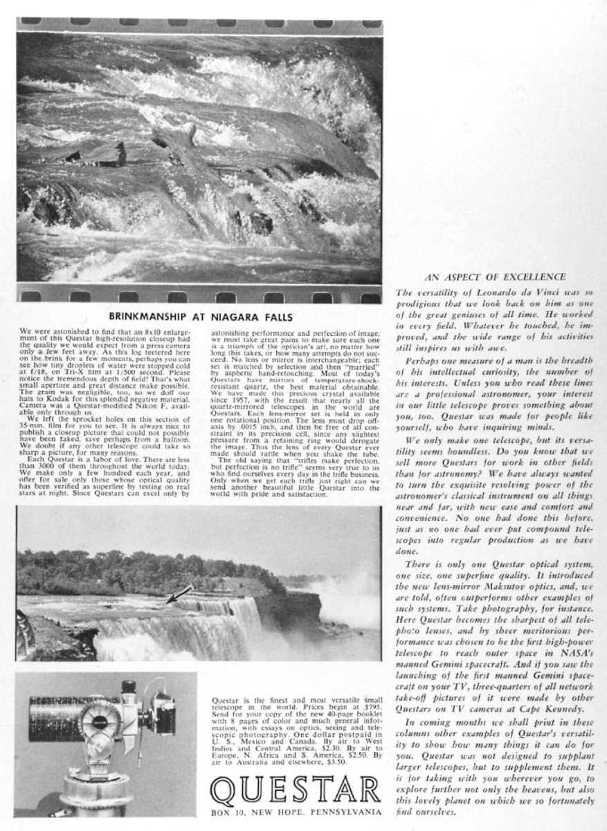Questar advertisement, <em>Sky and Telescope</em>, August 1965
