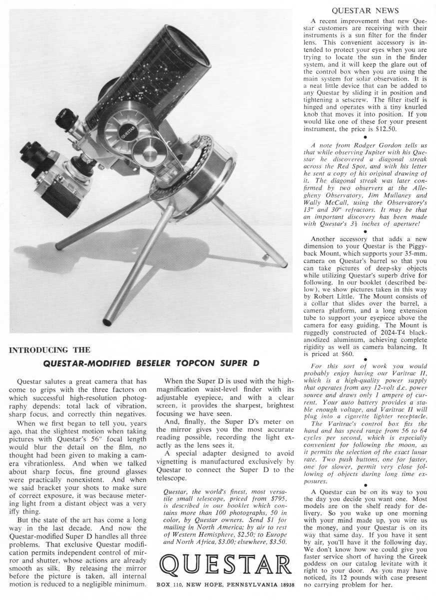 Questar advertisement, <em>Sky and Telescope</em>, September 1968