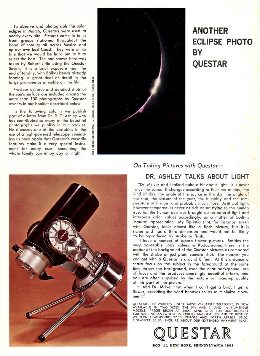 Questar advertisement, <em>Sky and Telescope</em>, February 1971