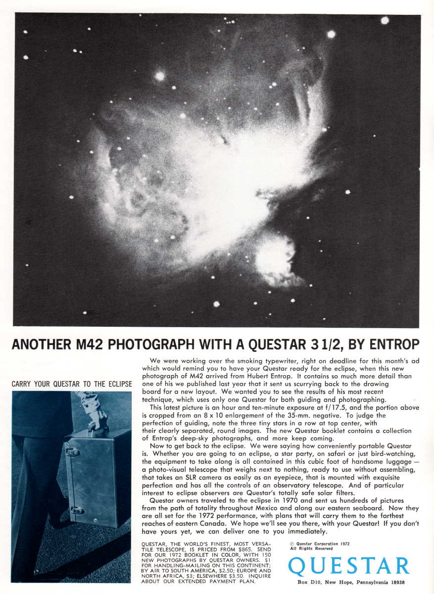 Questar advertisement, <em>Sky and Telescope</em>, May 1972
