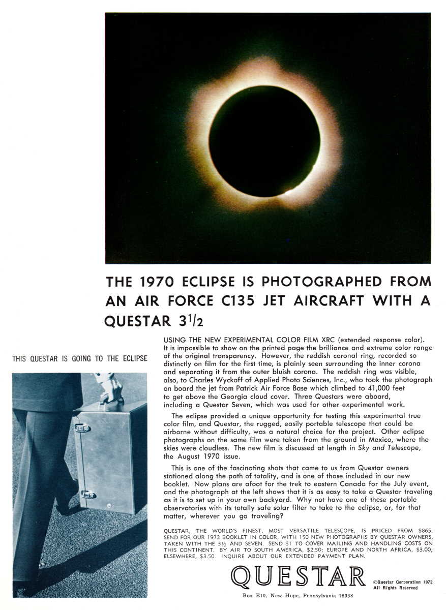 Questar advertisement, <em>Sky and Telescope</em>, July 1972