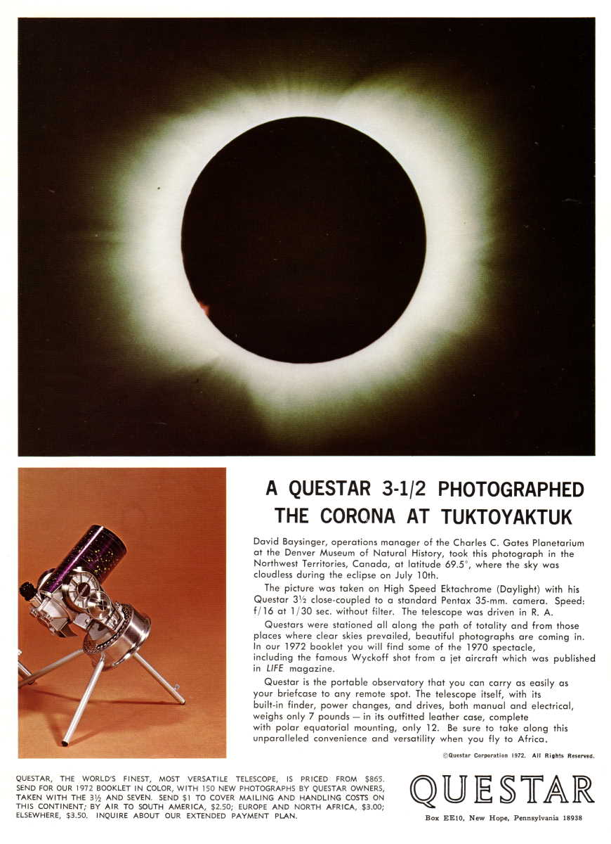 Questar advertisement, <em>Sky and Telescope</em>, May 1973
