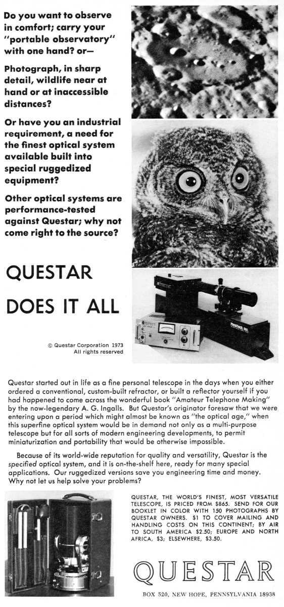 Questar advertisement, <em>Scientific American</em>, October 1973