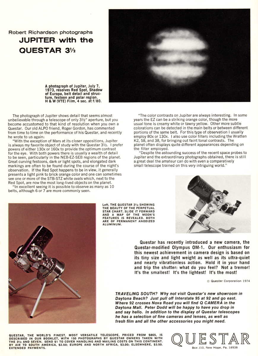 Questar advertisement, <em>Sky and Telescope</em>, September 1974