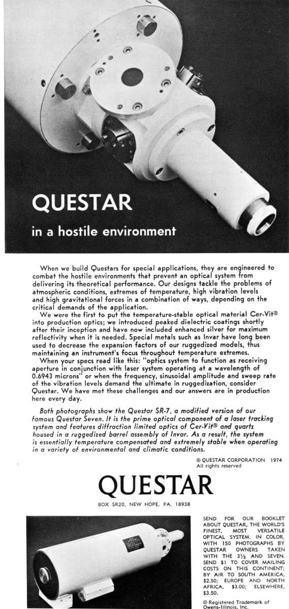 Questar advertisement, <em>Scientific American</em>, December 1974