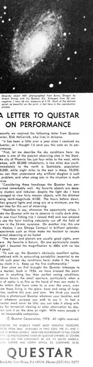 Questar advertisement, <em>Natural History</em>, August-September 1975