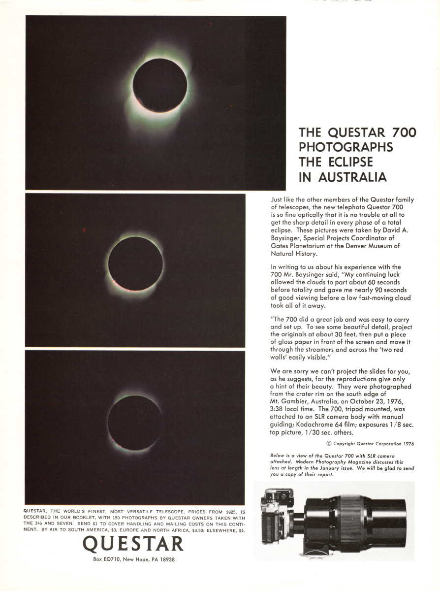 Questar advertisement, <em>Sky and Telescope</em>, September 1977