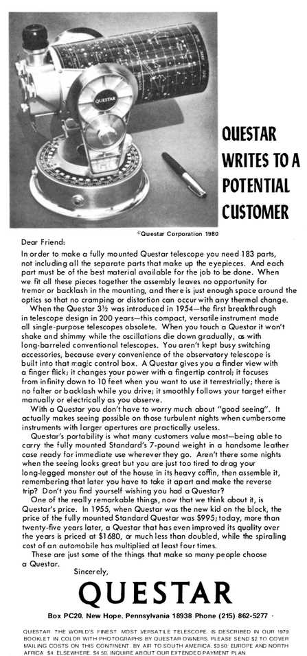 Questar advertisement, <em>Scientific American</em>, March 1980