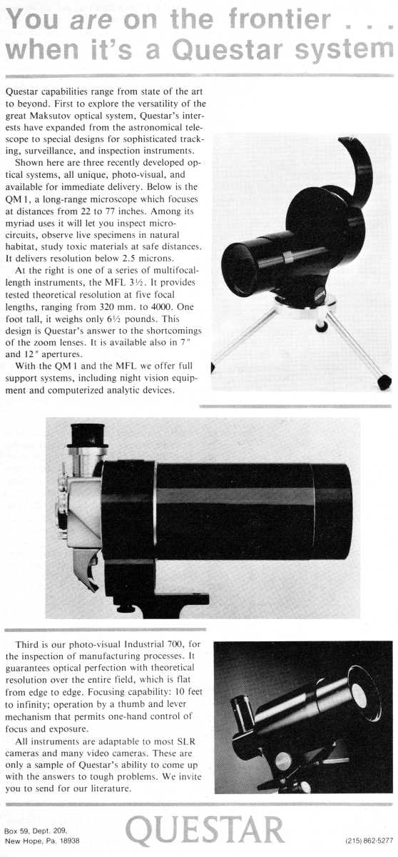 Questar advertisement, <em>Scientific American</em>, January 1985