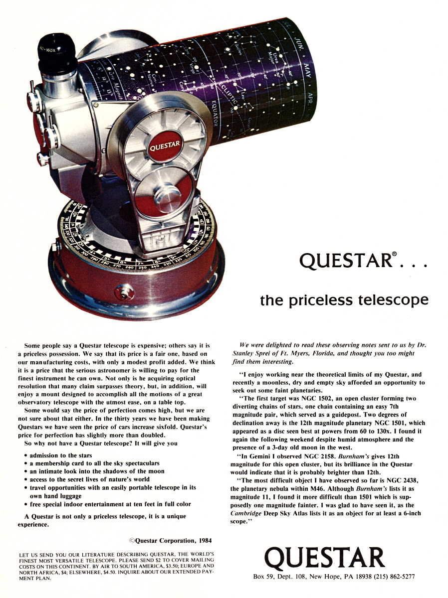 Questar advertisement, <em>Sky and Telescope</em>, March 1985