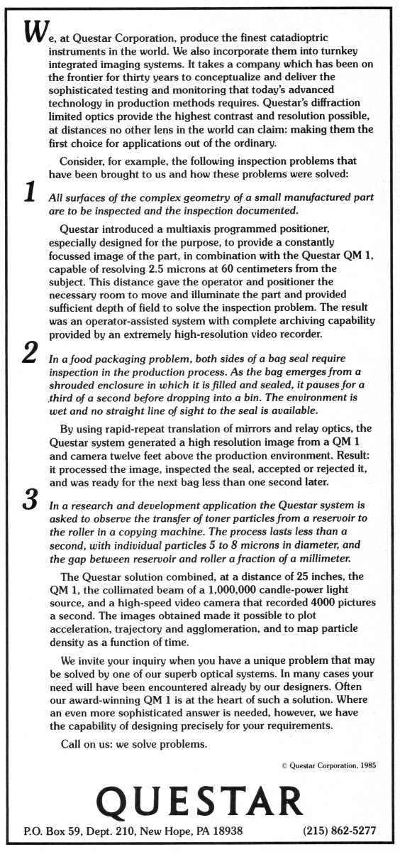 Questar advertisement, <em>Scientific American</em>, March 1985