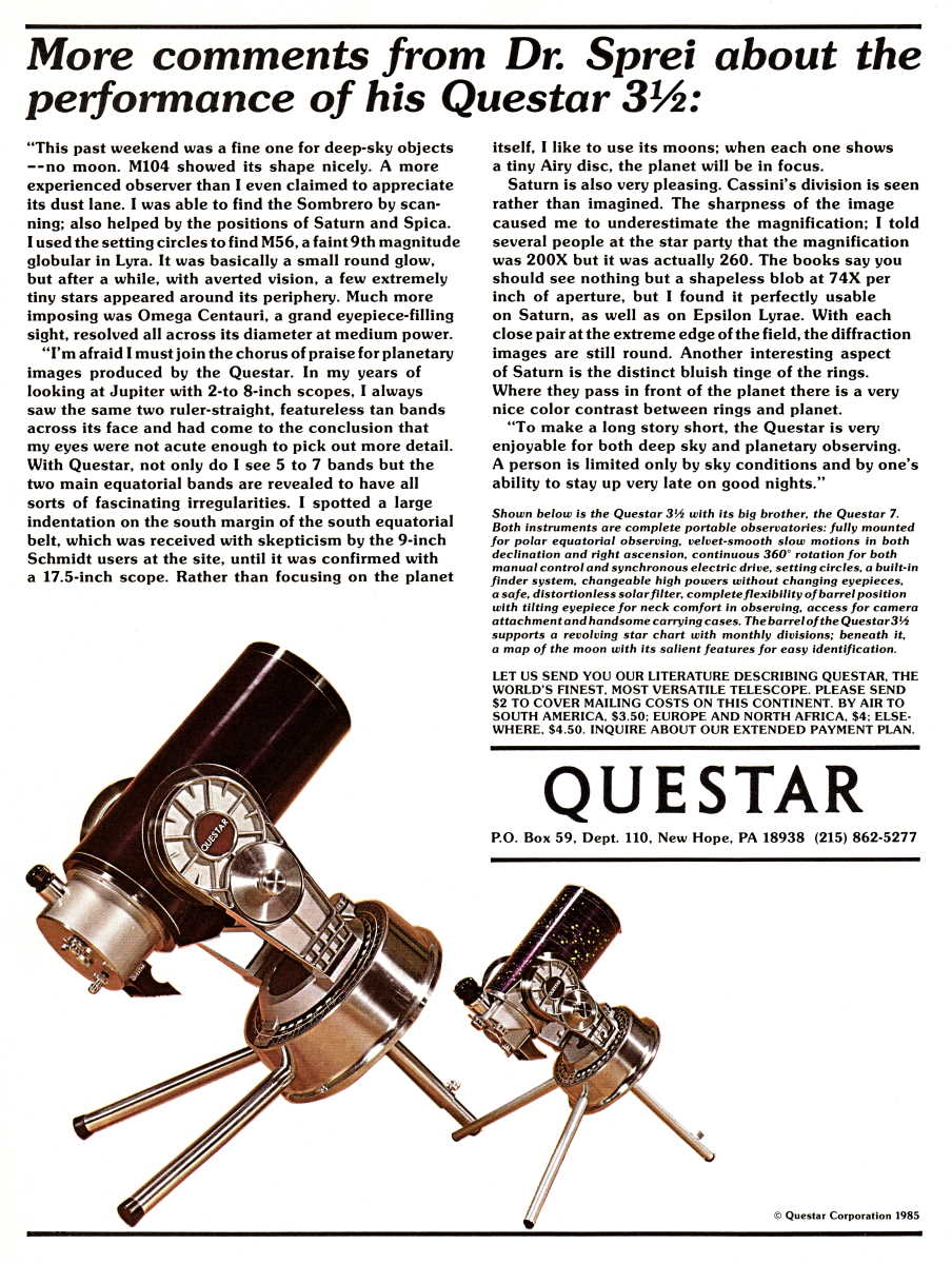 Questar advertisement, <em>Sky and Telescope</em>, March 1986