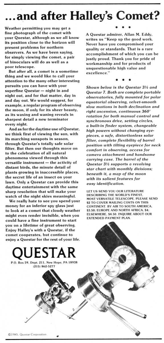 Questar advertisement, <em>Scientific American</em>, August 1985