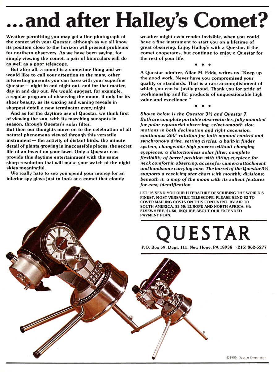 Questar advertisement, <em>Sky and Telescope</em>, November 1985