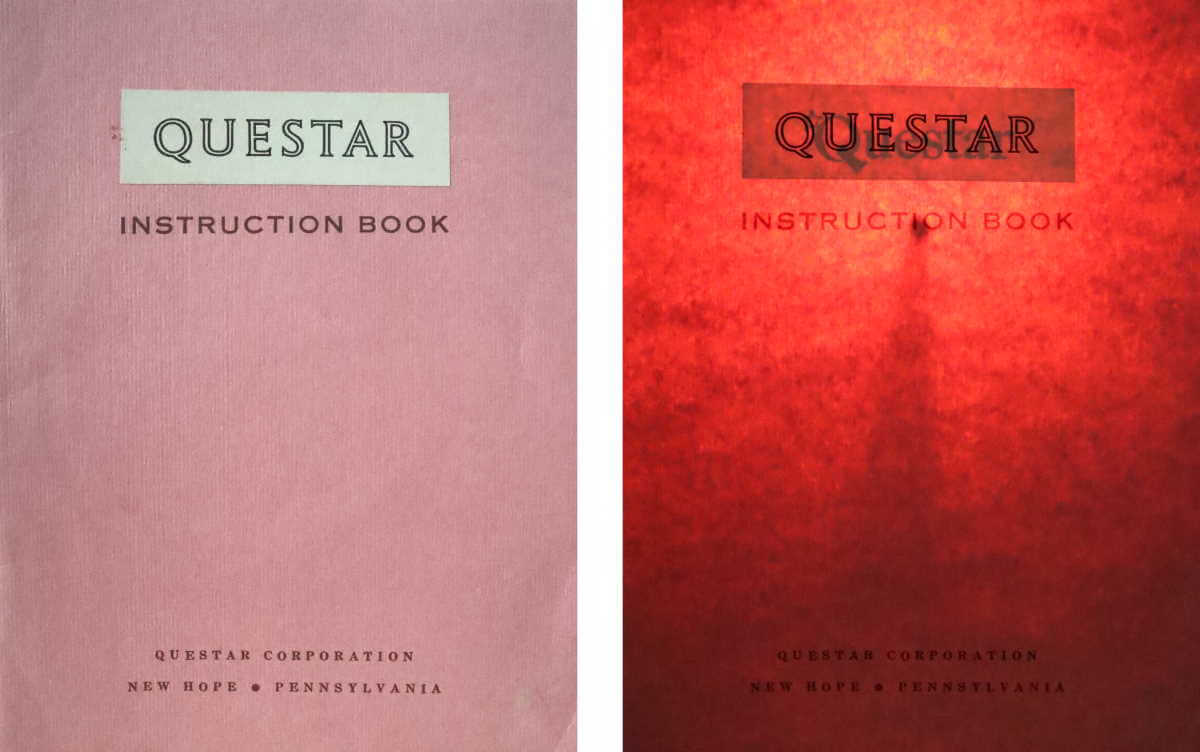 Questar instruction booklet with the old logo under a sticker with the new one