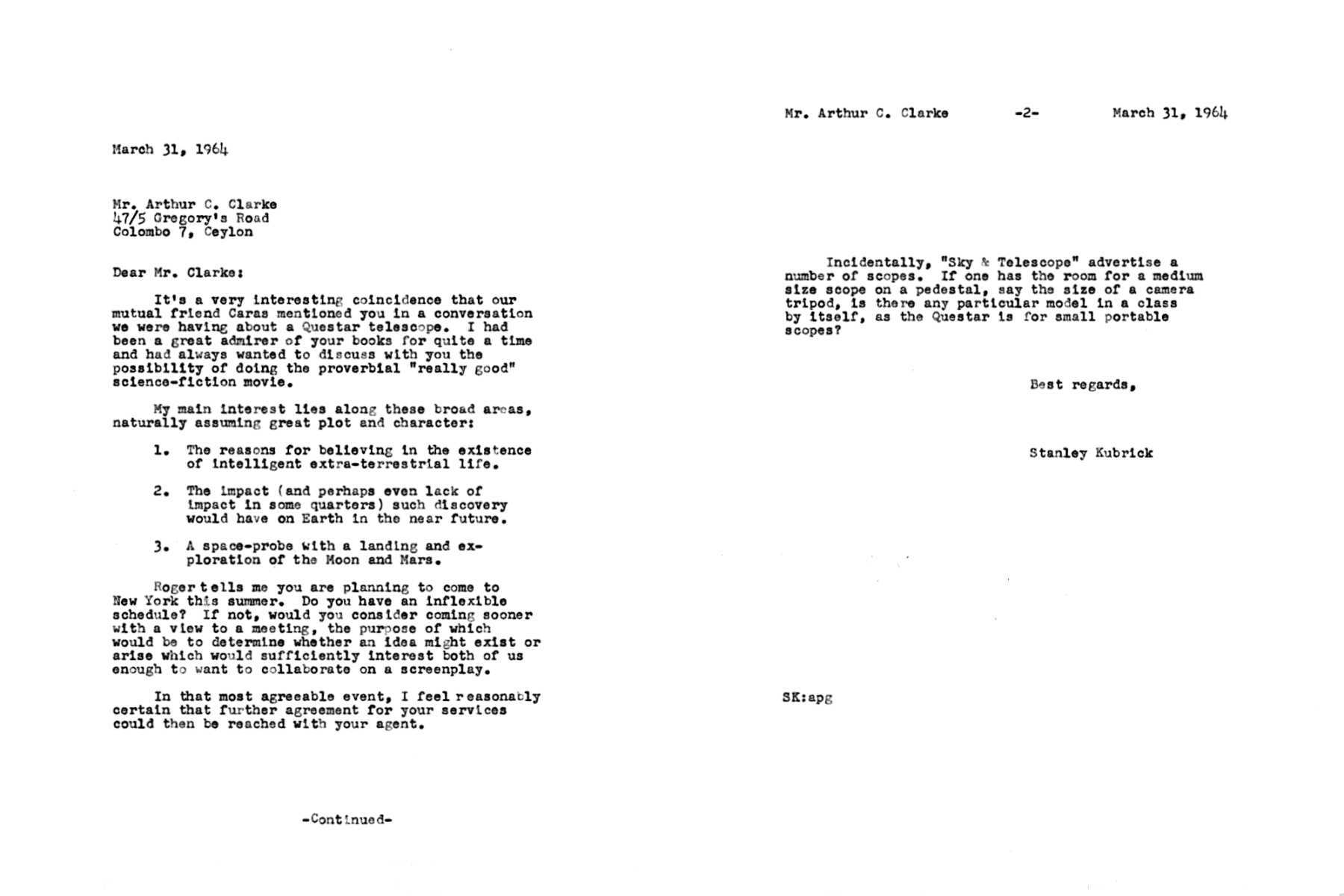 Letter from Stanley Kubrick to Arthur C. Clarke, March 31, 1964