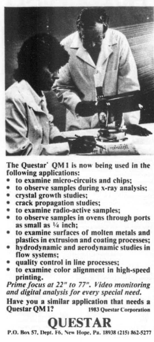 Questar advertisement, <em>Industrial Research & Development</em>, January 1985