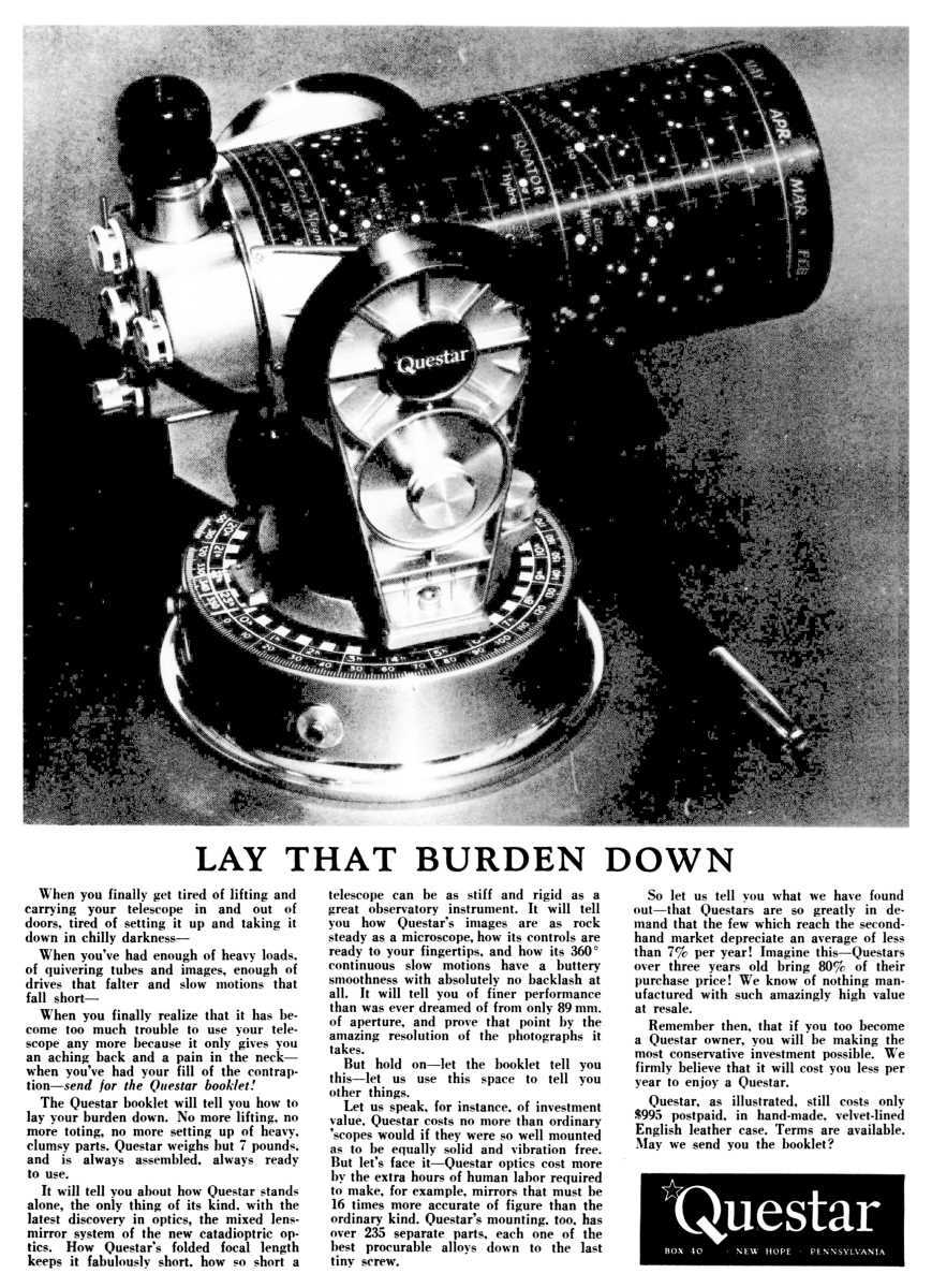 Questar advertisement, <em>Monthly Evening Sky Map</em>, September-October 1960
