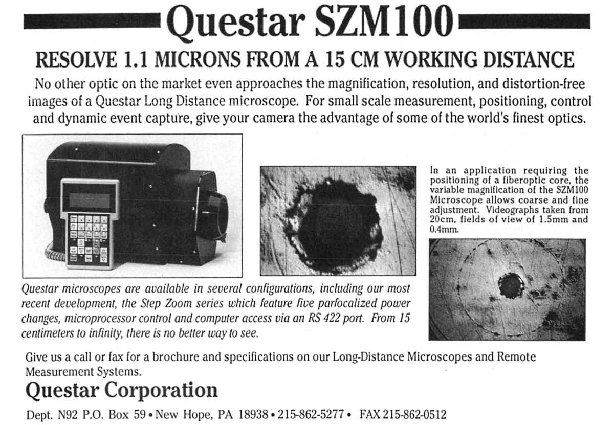 Questar advertisement, <em>NASA Tech Briefs</em>, September 1992