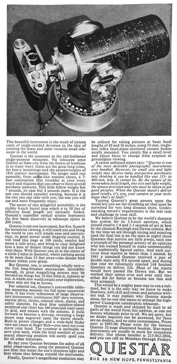 Questar advertisement, <em>Camera 35</em>, October-November 1962