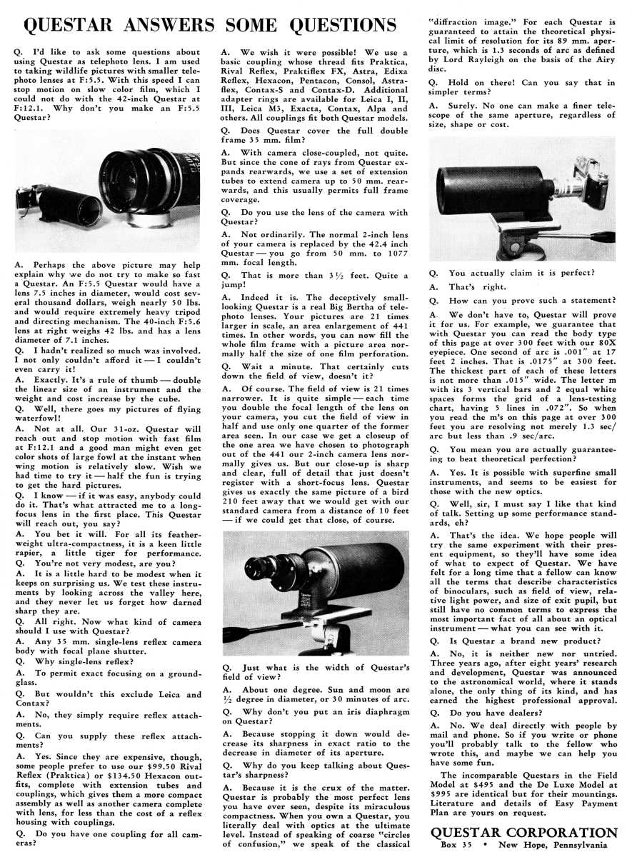 Questar advertisement, <em>Audubon</em>, March-April 1957