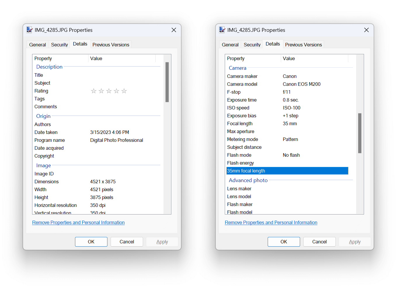 File properties dialog box in Windows
